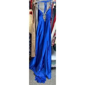 Tony Bowls Paris Pageant Gown Prom Wedding Sapphire Blue Jeweled Halter Train  6